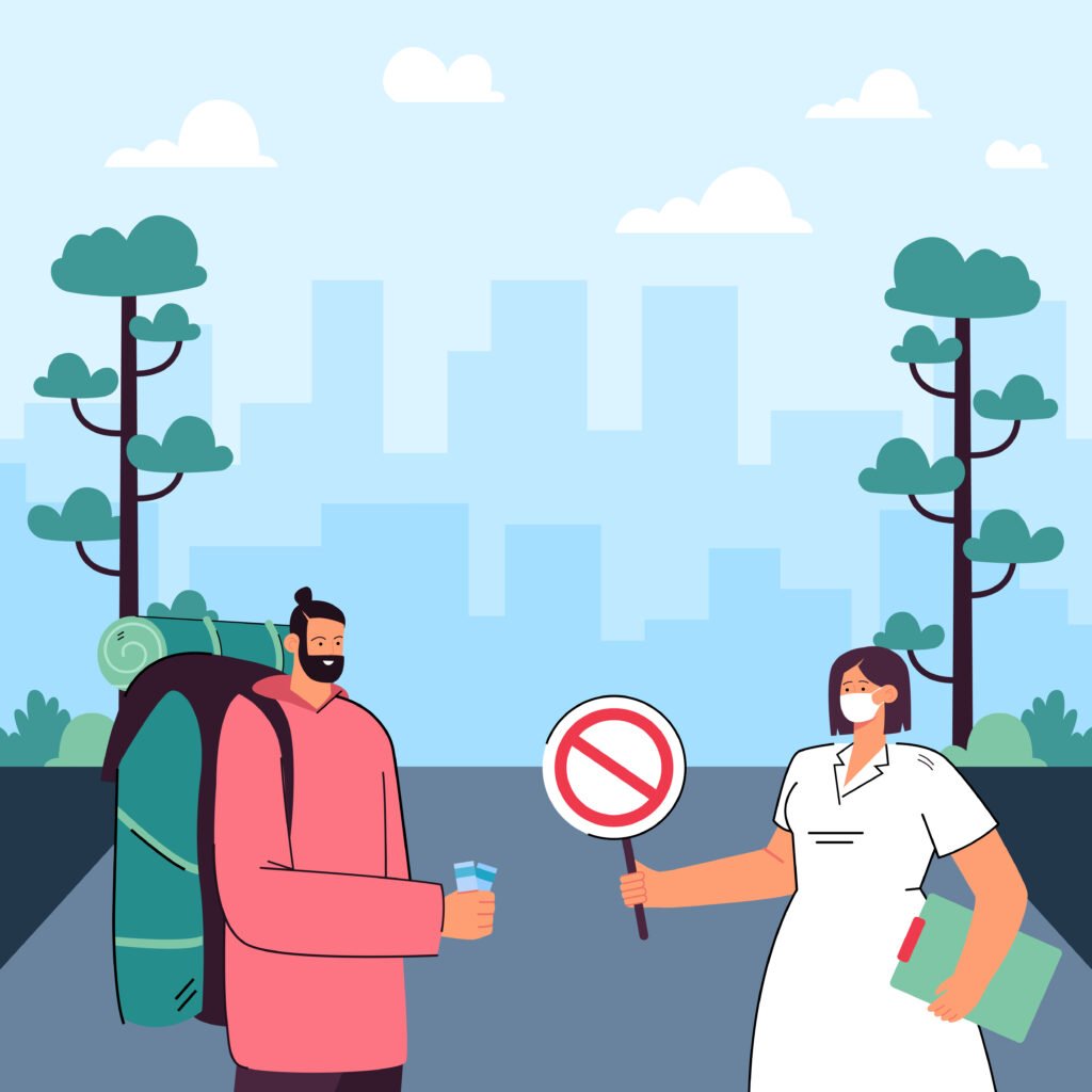 nurse in mask showing stop sign to tourist with tickets